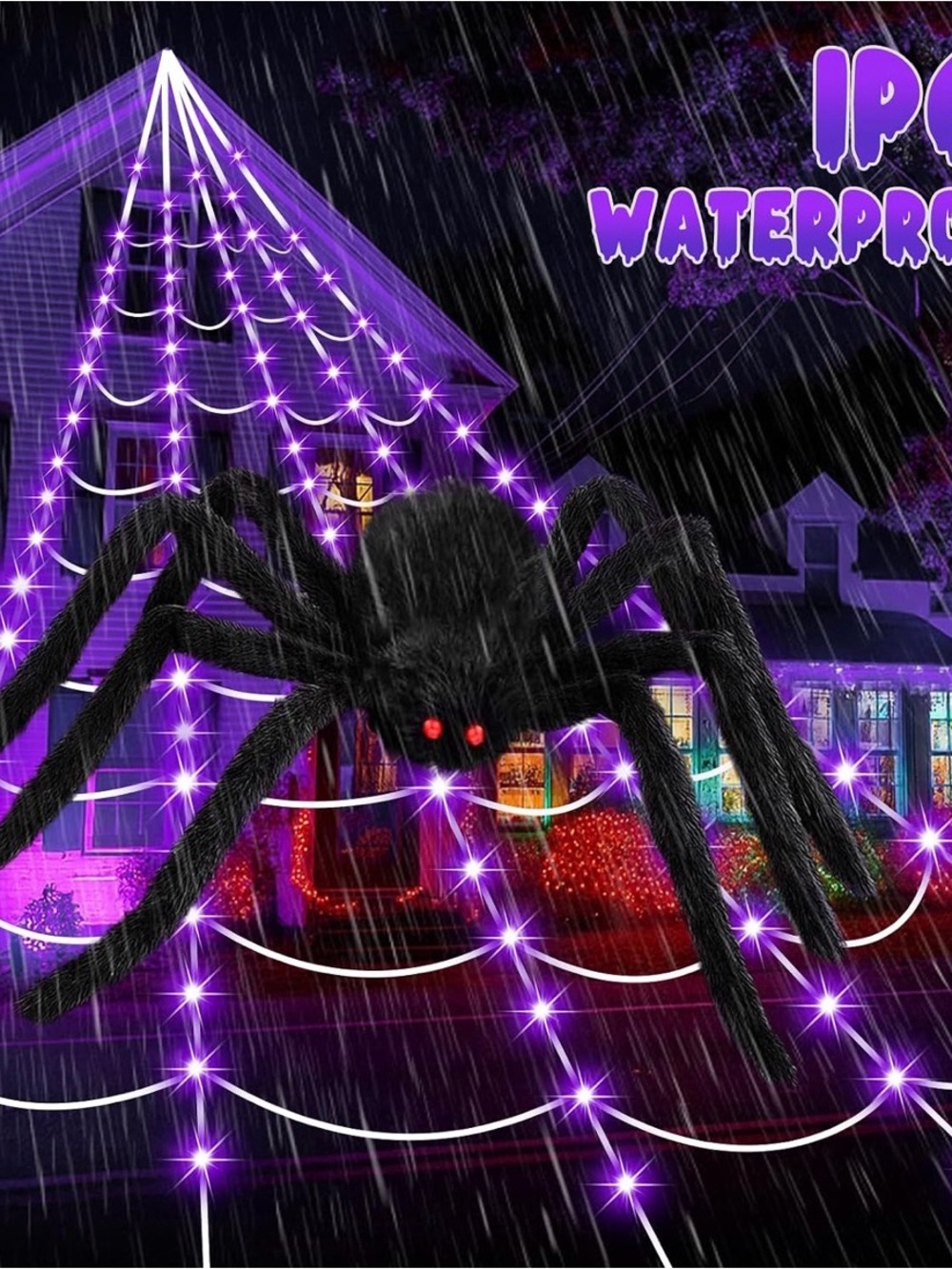 Purple Waterproof LED Spider Web Lights - Home Party Supplies